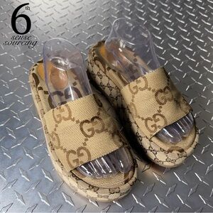 Gucci Angelina Canvas GG Logo Platform Slides in Brown 39